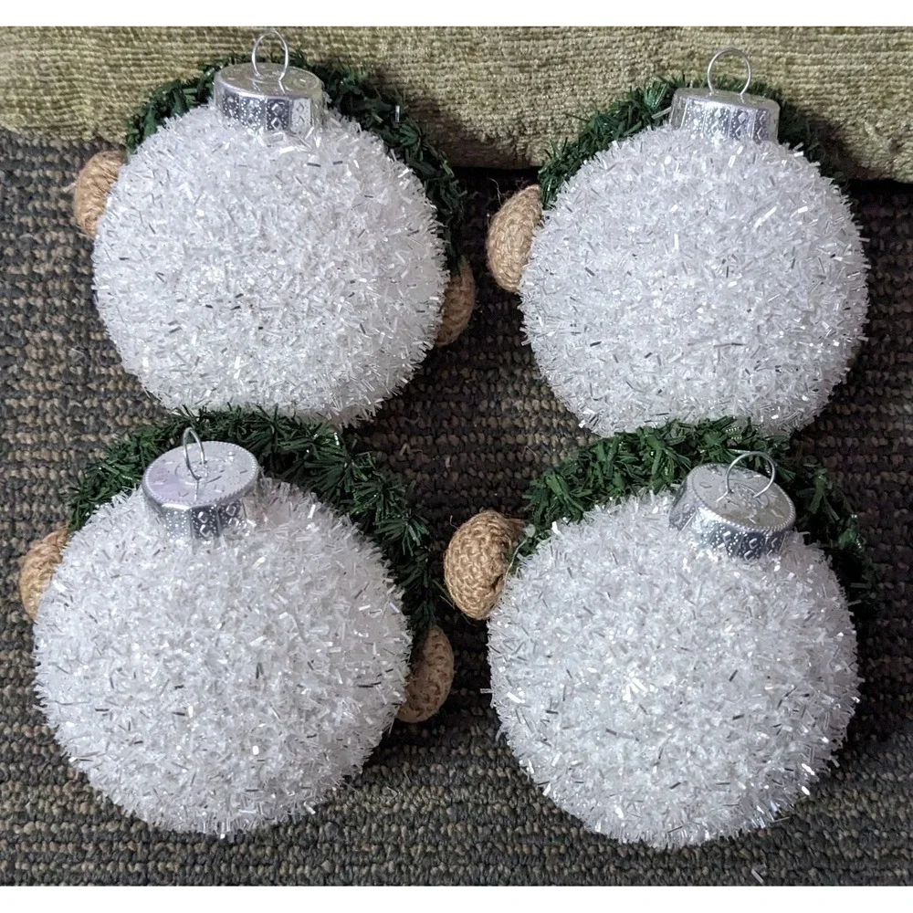 Snowman Head‎ Christmas Ornaments  Set Of 4 Fuzzy Glitter G&B Holiday Decor